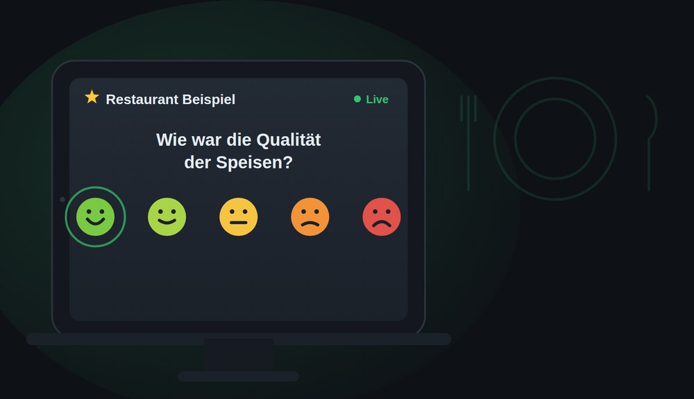 Tablet als Feedback-Terminal mit der Frage „Wie war die Qualität der Speisen?“ und einer Bewertungsskala.